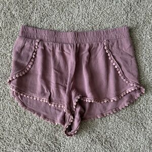 Mauve Pom-Pom Trim Lightweight Flowy Shorts